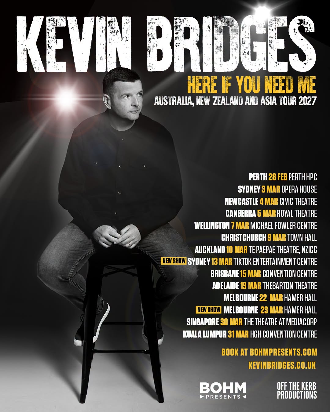 Kevin Bridges stand-up comedy poster for his 2027 Australia, New Zealand, and Asia tour, showing dates for Sydney, Melbourne, and Perth.